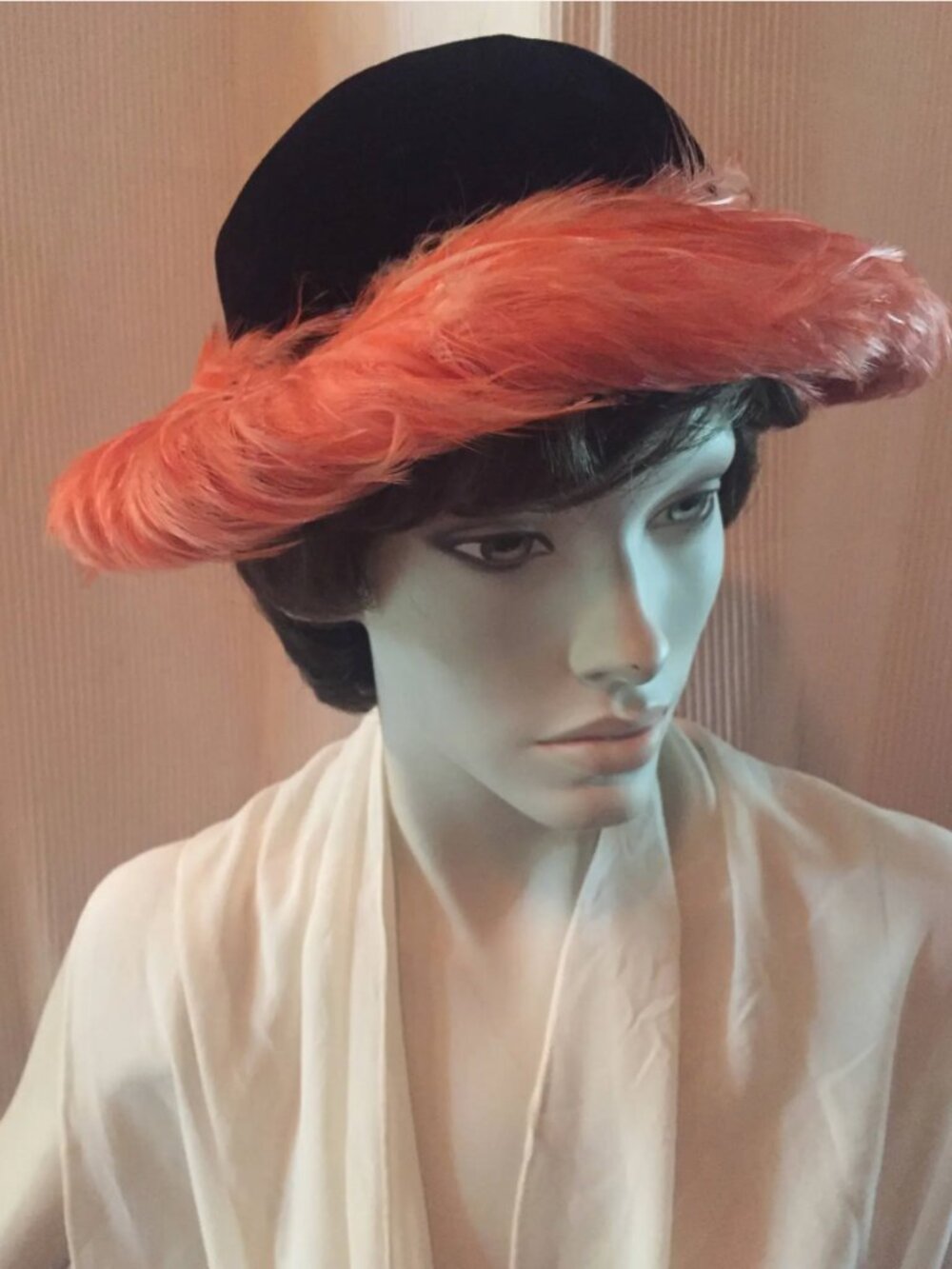1950’s-60’s Cyrille Mills Vintage Black Velvet Orange Feather Hat